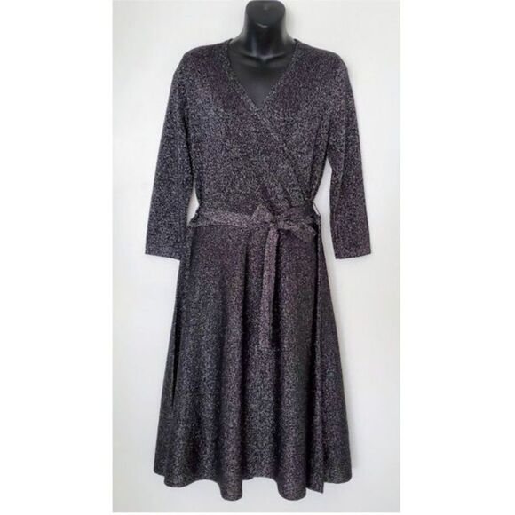 Talbots Wool Blend Black Silver Metallic Faux Wrap A-line Dress Sz M HolidayCore - Picture 2 of 9